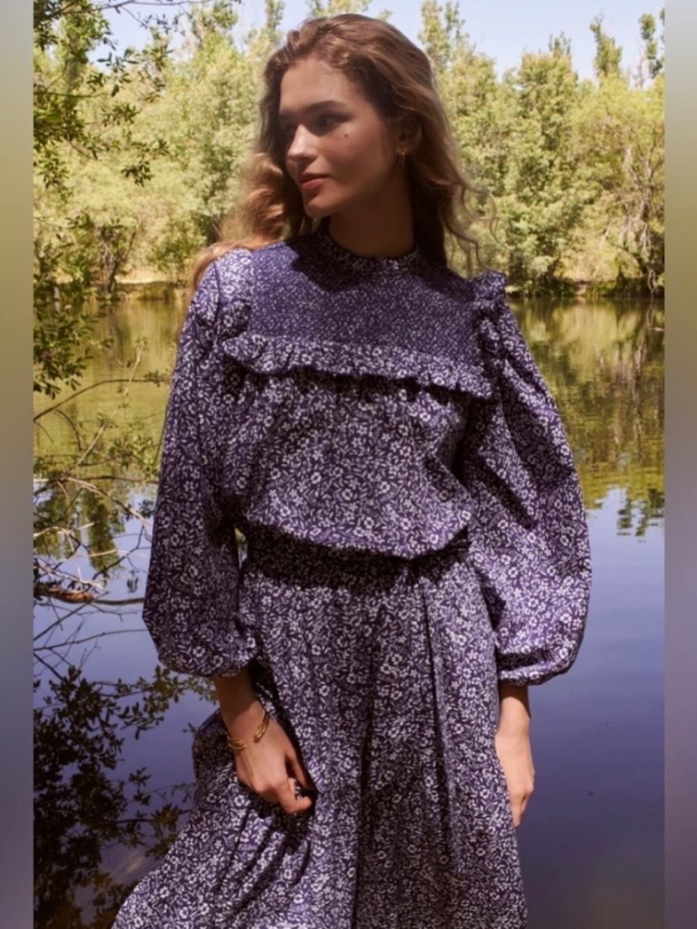 Sonmer Alice Midnight Blue Dress with Puff Sleeve Floral Maxi Dress Size Small